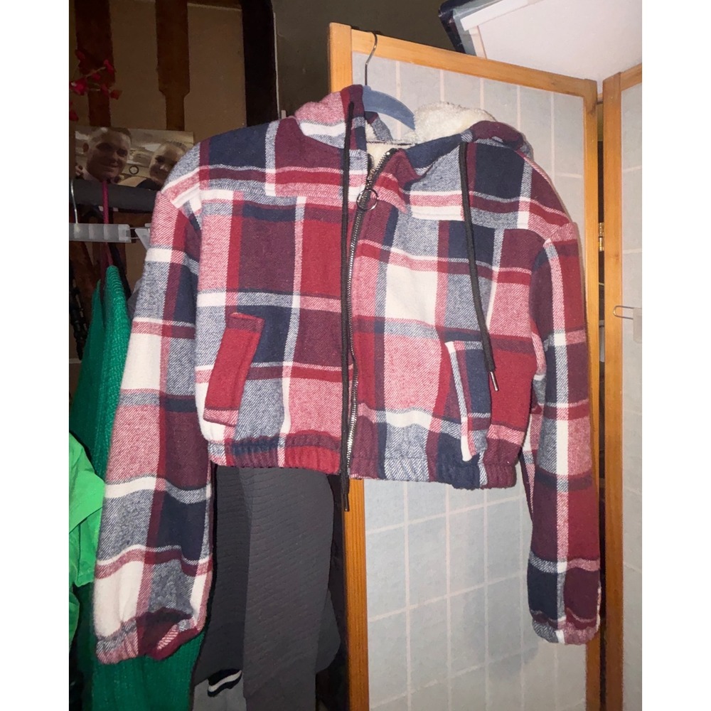 Kids Red Plaid Cropped Hooded Jacket Faux Shearling Lined Size S Zip Up